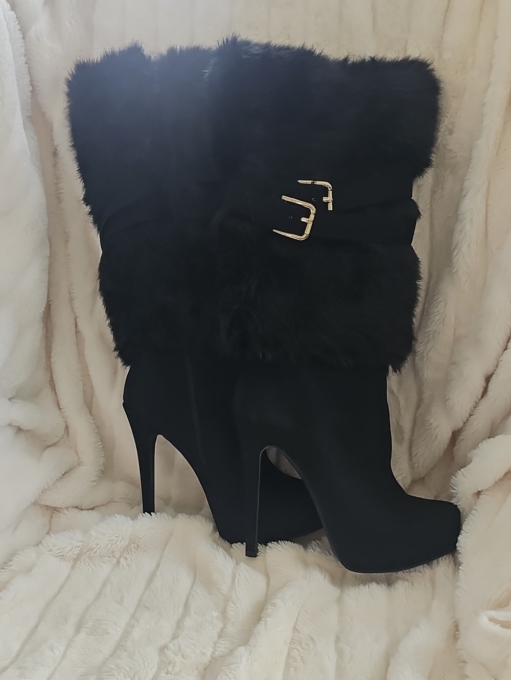 Luxe Black Faux-Fur Platform Stiletto Boots with Gold Buckles